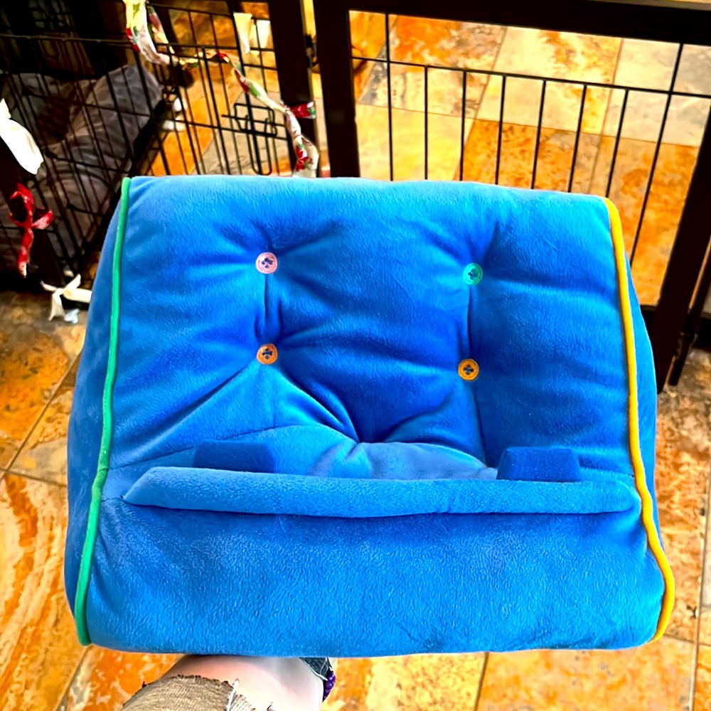 Book/Tablet Cradle Push Pillow, Blue, Fake Buttons, Green & Yellow Trim